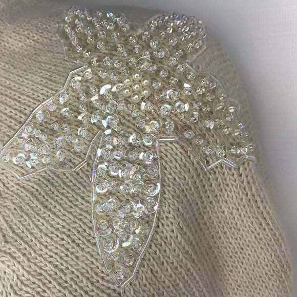 Vintage 80s The Italian Mob Floral Beaded Ivory Fuzzy Angora Blend Sweater - Picture 8 of 9